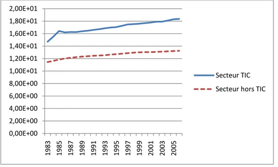 Figure 5 : Evolution du ratio capital-travail dans le secteur TIC et le secteur hors TIC 