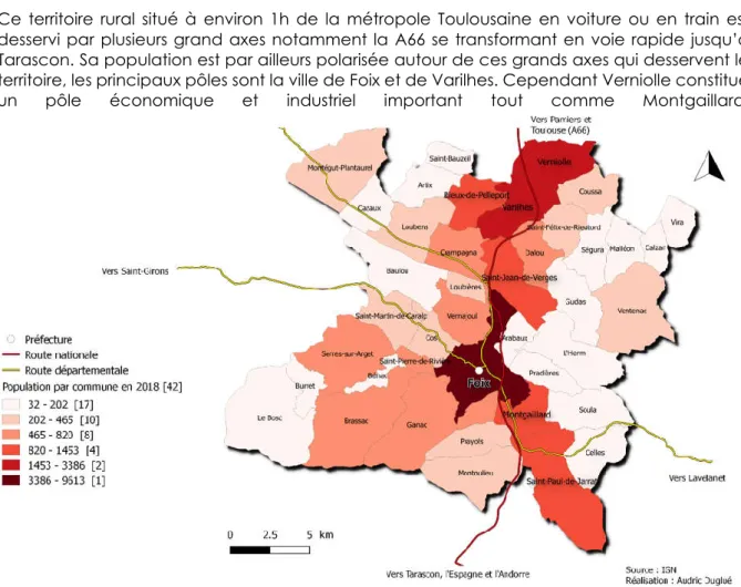 Figure 3 : Répartition de la population par commune en fonction des grands axes de déplacement en  2018 