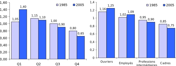 Graphique 8 Evolution du poids relatif du mètre carré   par personne selon le niveau de vie et la profession (en %) 