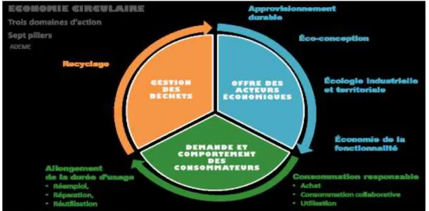 Figure n°02 : Economie circulaire trois domaines d’action, sept piliers  