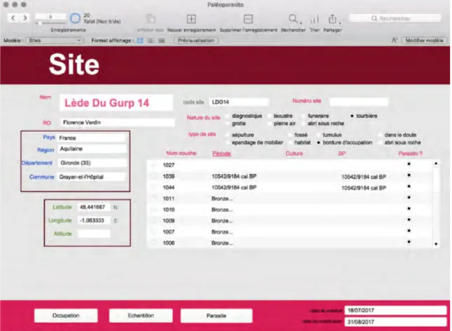 Figure 22 : interface de la base de données, table paléoparasitologie, site