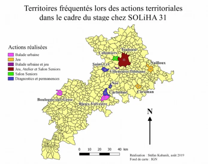 Figure 7 : Représentation géographique des lieux concernés lors des actions territoriales