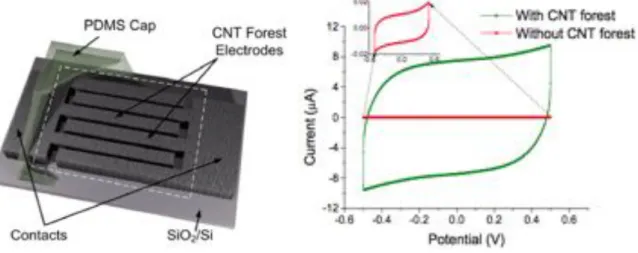 Figure  I.20  Schematic  illustration  of  on-chip  micro-supercapacitors  based  on  CNTs  and  its  electrochemical  performance in BMIM + BF 4 -  ionic liquid [82]