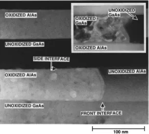Figure II.1 : Image MET de la section d’une multi‐couche GaAs/(AlAs partiellement  oxydé), montrant la forme arrondie du front d’oxydation[13]. 