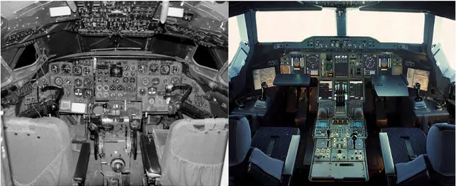 Figure I.4 A gauche, cockpit de la Caravelle, à droite celui de l’A380 ; 50ans d’évolution