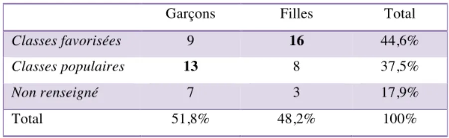 Tableau 8 : Sexe et classes sociales des gros lecteurs 