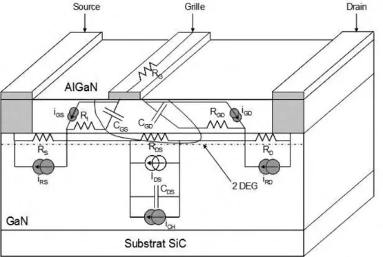Figure 2-1 : schéma équivalent en bruit BF d’un transistor HEMT AlGaN/GaN. 