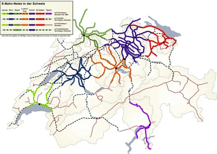 Illustration 2: Les différents réseaux de RER suisses. Source Wikipédia