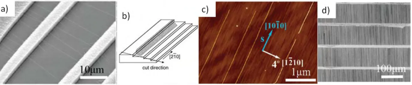 Figure 34 : a) NTC dont la direction de croissance est contrôlée par un champ électrique  377 . b) Schéma de  principe de croissance sur les marches cristallines  380 . c) SWNT sur un substrat en saphir 378 . d) SWNT alignés 