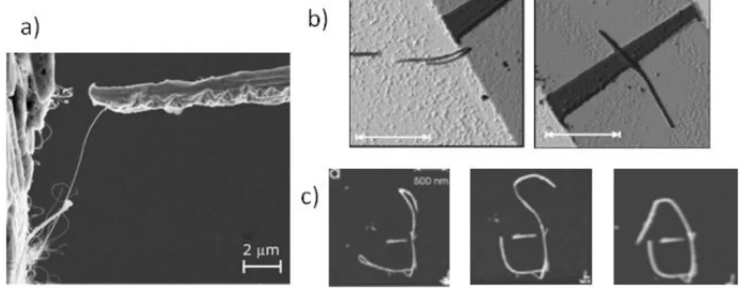 Figure  36 :  a)  Manipulation  par  un  micro‐actionneur  d’un  faisceau  de  NTC  dans  l’enceinte  d’un MEB  397 . b) Placement précis par AFM d’un NTC sur un dispositif  86 . c) Manipulation par  AFM de NTC pour dessiner une maison  395 . 