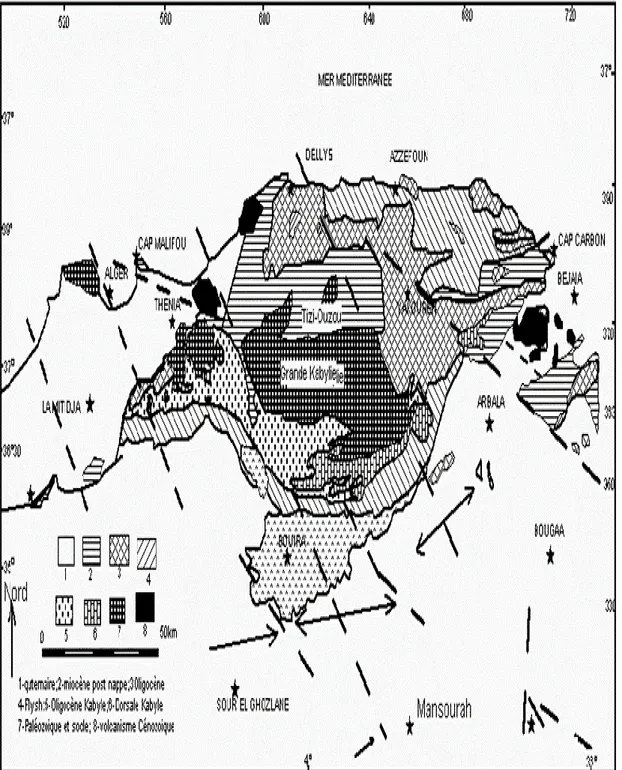 Figure 7: Carte des unités géologiques de la Kabylie (J. FLANDRIN) 