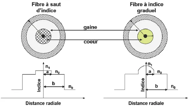 Figure 1. 15 Section transversale d’une fibre à saut d’indice et d’une fibre à indice graduel 