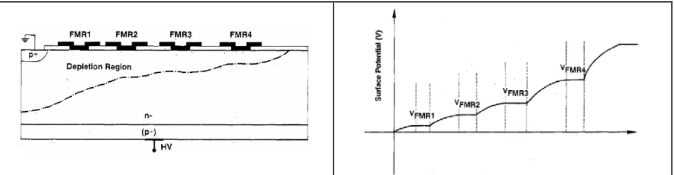 Fig. 1.30 : Jonction de transistor bipolaire avec anneaux diviseurs de champ (a) et distribution du potentiel dans  la zone de déplétion (b) [YIL85]