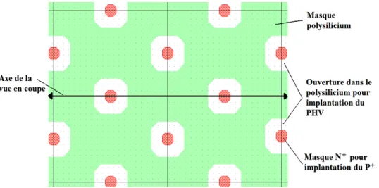 Figure II-2: Géométrie de diffusion du PHV pour un transistor HDTMOS™ type Squish Square