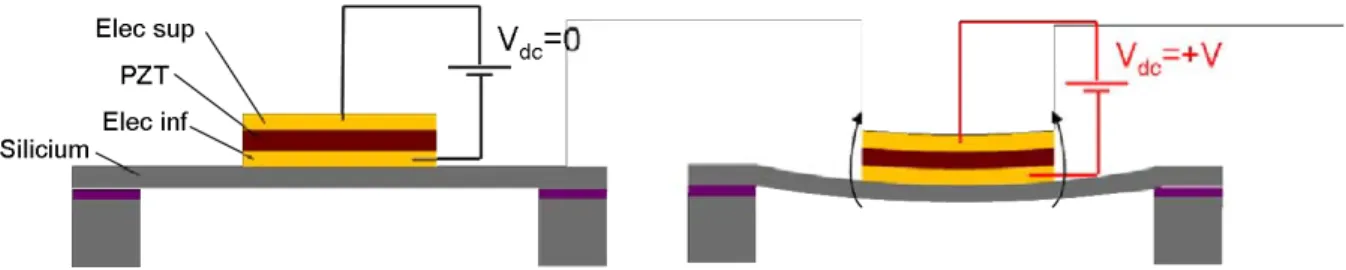 Figure 2.15 : Représentation de l’influence de la tension de polarisation de la couche  piézoélectrique sur la déflexion statique d’une membrane