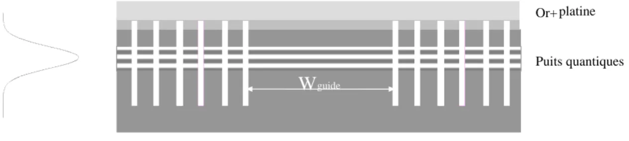 figure 2 : Profil de confinement vertical du mode et schéma d'un guide à CP utilisé pour la réalisation  d'une diode laser