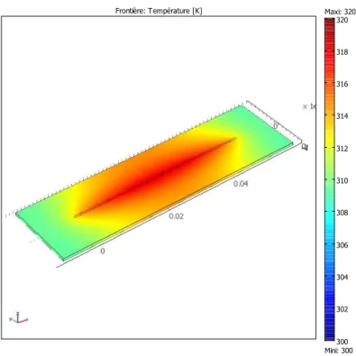Fig. 2.6 – R´ esultat de la simulation de la ligne chauffante sur verre.