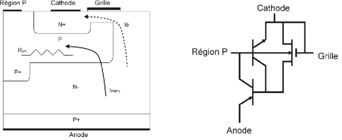 Figure 2. 2 : Coupe d’une structure thyristor-MOS et son schéma électrique équivalent