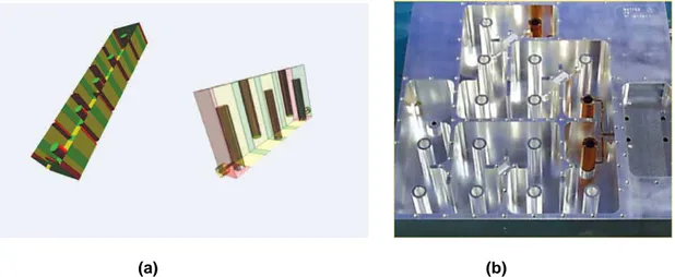 Figure I.18 : a) Filtre à mode TEM coaxial : structures de combline (gauche) et d’interdigité  (droite), (b) diplexeur en utilisant les filtres combline à mode TEM coaxial 