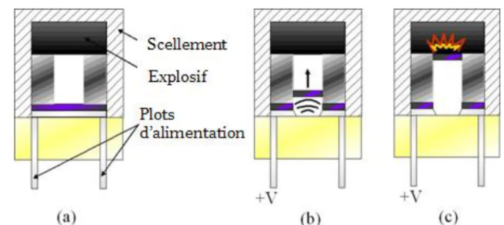 Figure  11 :  Principe  de  fonctionnement  d’un  initiateur  slapper :  (a)  l’élément  résistif et l’explosif sont séparés par un diélectrique (mylar, kapton…) ainsi qu’un  canon