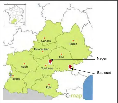 Figure II-1 : Localisation des briqueteries de Nagen et de Bouisset sur la carte de l’ancienne  région Midi-Pyrénées (comersis.com, 2019) 