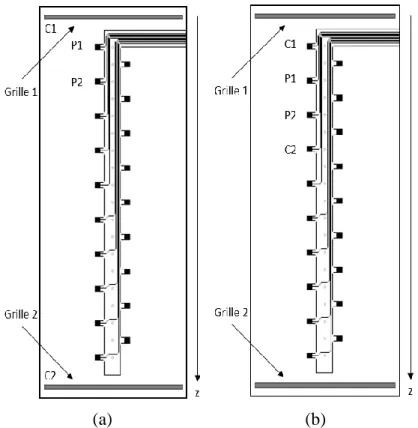 Figure 4-23 Schéma des configurations de mesure avec le dispositif Echelle : (a)  configuration Transmission, (b) configuration Wenner