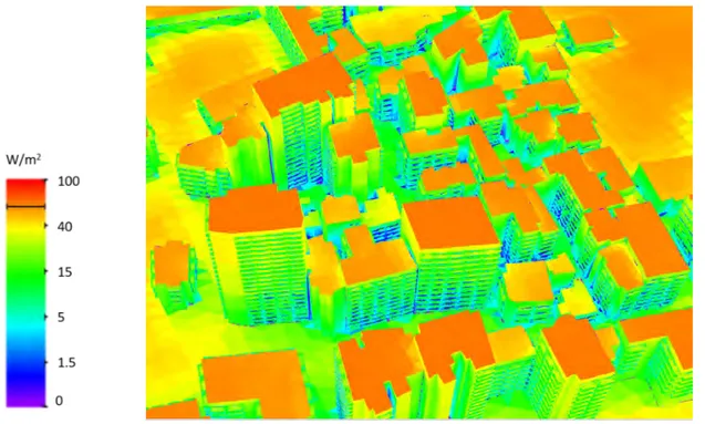 Figure 4.17: A top view of the 3D surface radiative budget of the intercepted energy by buildings in zone 1, at 5pm on September 21 (Band [400nm, 475nm], Illumination grid = 1cm).