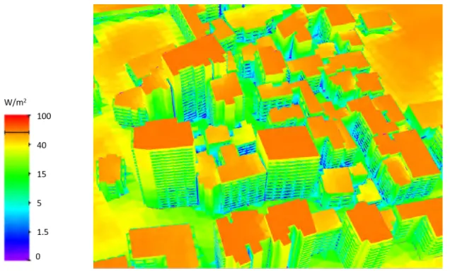 Figure 4.17: A top view of the 3D surface radiative budget of the intercepted energy by buildings in zone 1, at 5pm on September 21 (Band [400nm, 475nm], Illumination grid = 1cm).