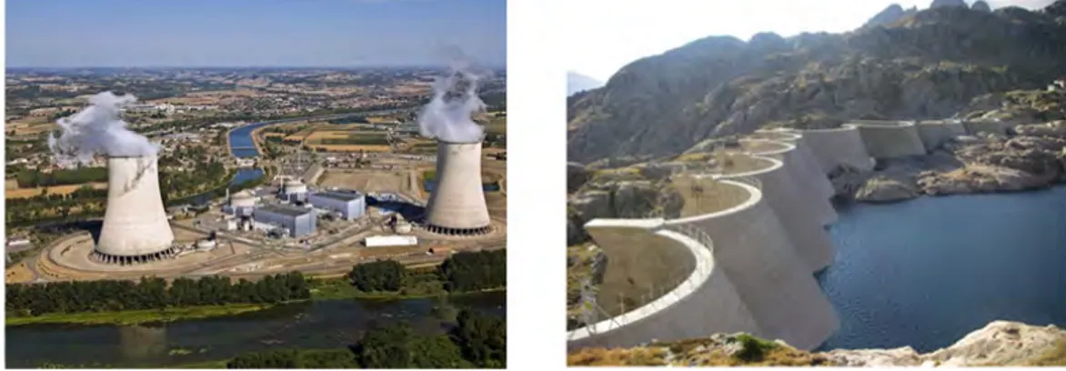 Figure 1.1 – Centrale nucléaire de Golfech (gauche) et barrage de Migouélou (droite). Crédits photos www.edf.fr et www.barrages-cfbr.eu.