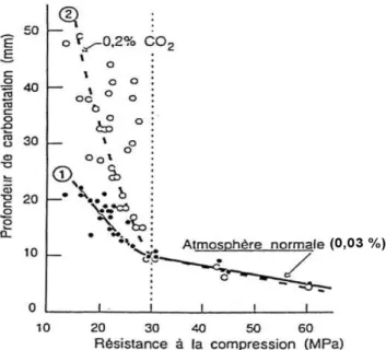 Figure I. 8 : Influence de la teneur en dioxyde de carbone sur la carbonatation  [Nischer, 1984]