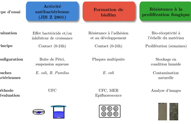 Figure 2.1 – Vue d’ensemble des méthodes d’évaluation de la résistance aux micro-organismes utilisées