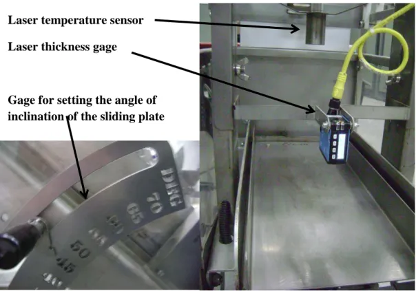 Figure 3-7 Features of ARA-PEA: laser temperature sensor; laser thickness sensor; gage for setting the angle of  inclination 