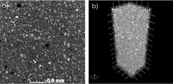 Figure 35. X-ray tomography visualization of geopolymer paste showing: a) a cross section and b) a 3D section 