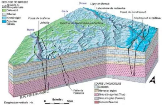 Figure 0 – 1 : Bloc diagramme géologique 3D du secteur de Meuse/Haute-Marne [Andra, 2005] 