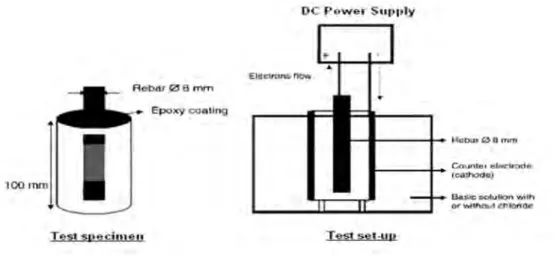 Figure 1-24 Sample geometry for Galvanic corrosion test b) sample is merged into water  during the experiments (Fortuné, 2009)