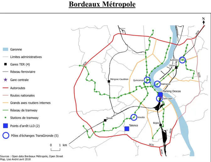 Figure 4 : Localisation des principaux  points d'arrêt interurbains à Bordeaux  Métropole 