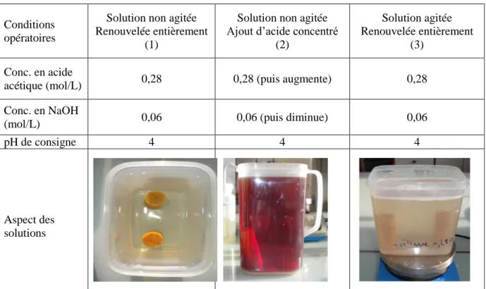 Tableau II-9 : Composition, pH et aspect des solutions d’acide acétique pour les trois  conditions opératoires explorées 