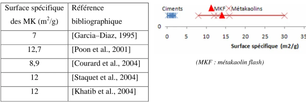 Tableau 8 - Surfaces spécifiques de ciments et métakaolins issues de la bibliographie 