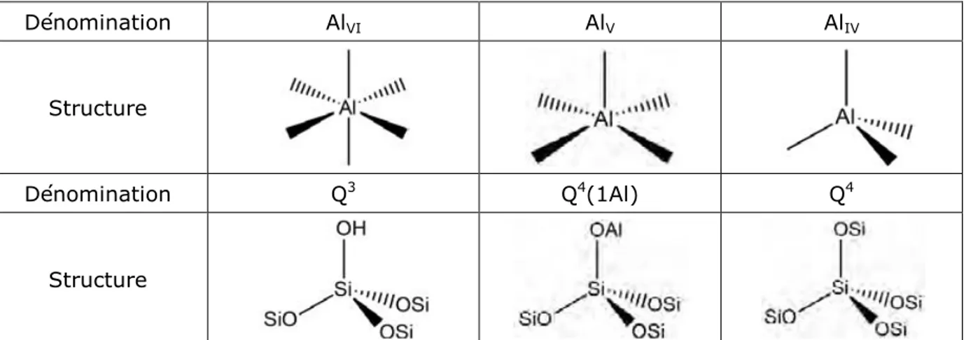 Tableau  I.10 :  Structures  cristallines  possibles  des  atomes  d’aluminium  et  de  silicium  dans le métakaolin [MAC85]