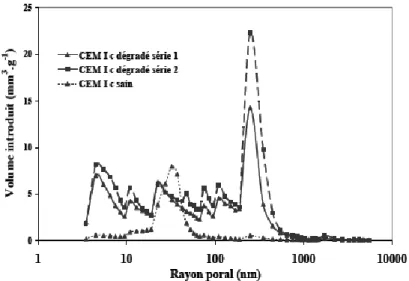 Figure I-26 : Evolution de la distribution porosimétrique du mortier à base de CEMI après  dégradation au nitrate d’ammonium [Perlot, 2005] 