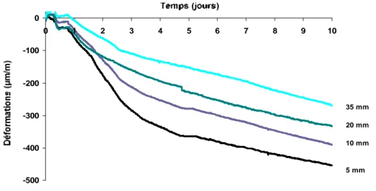 Figure II.27 - Evolution des variations dimensionnelles sur l’épaisseur de la couche de mortier MB 