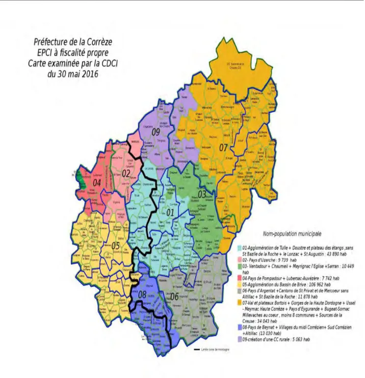 Figure  9 :  carte  de  l’intercommunalité  de  la  Corrèze  au  30  mai  2016.  (Source  :  site  Internet  de  la  Préfecture de la Corrèze) 