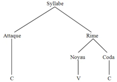 Figure 8 - Structure universelle de la syllabe selon Roach, 2004. : 70-77 ; Deschamps et al.,  2004 : 24-25 et Labrune, 2005 : 101