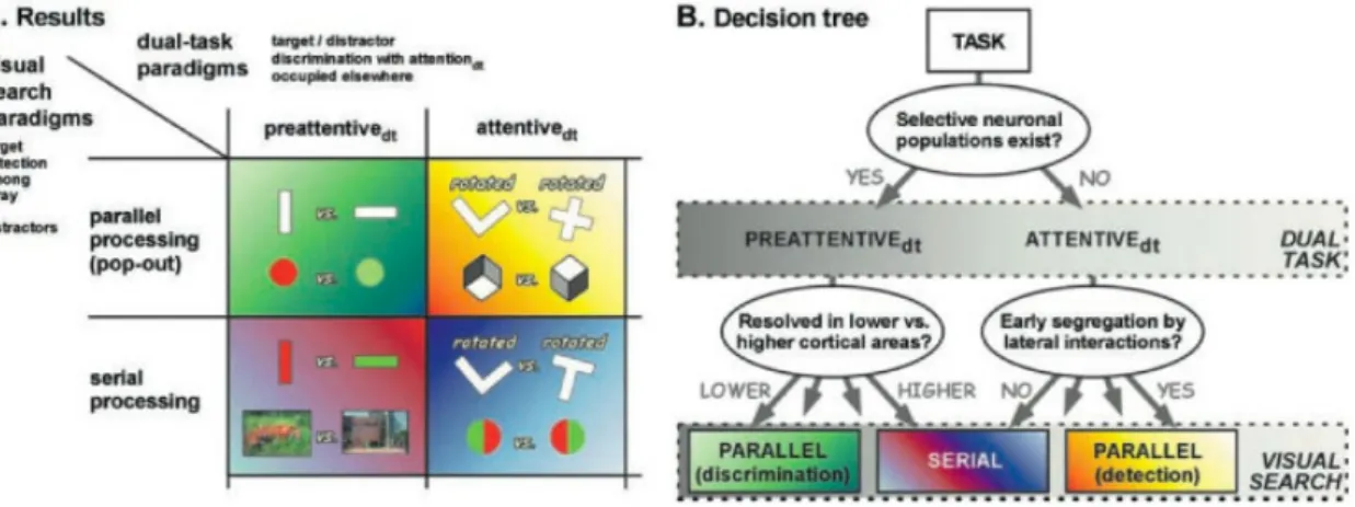 Figure 1.11: Processus attentionnels diff´ erents pour la recherche visuelle et la double tˆ ache