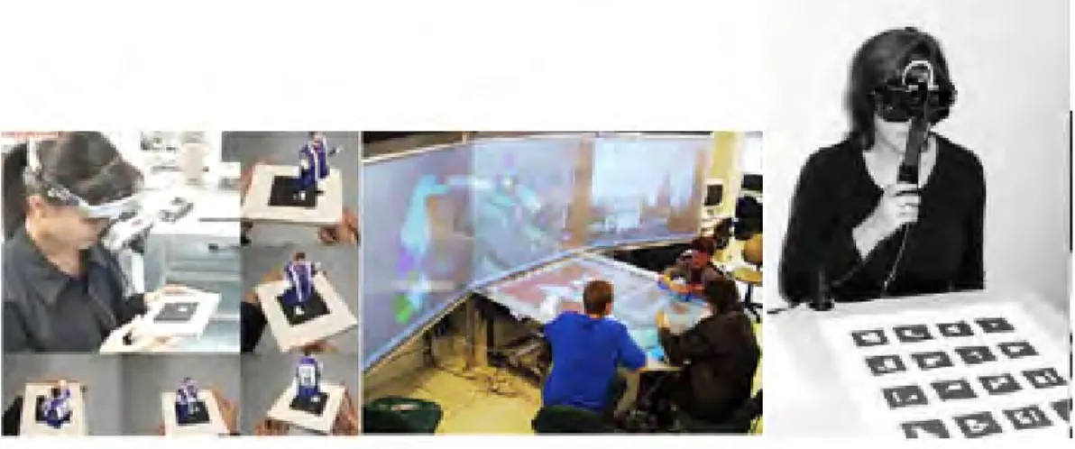 Figure 1 – left) Video Conference : 3D live interface - center) Virtual Environments : The CoViD system in action - right) Augmented Reality
