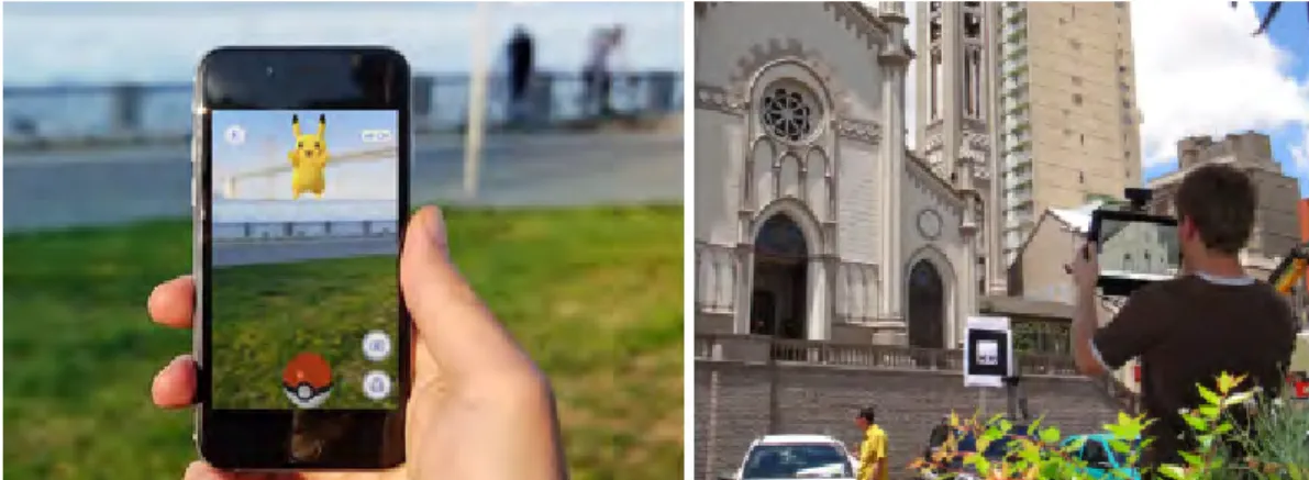 Figure 3 – left) Pokémon Go ; right) Historical heritage via an augmented reality interactive system [Riboldi and Maciel, 2010]