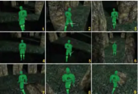 Figure 4 – Snapshots of the views acquired from Li’s and Cheng’s third-person camera control module in a Stonehenge-like ring of standing stones [Jankowski and Hachet, 2013]