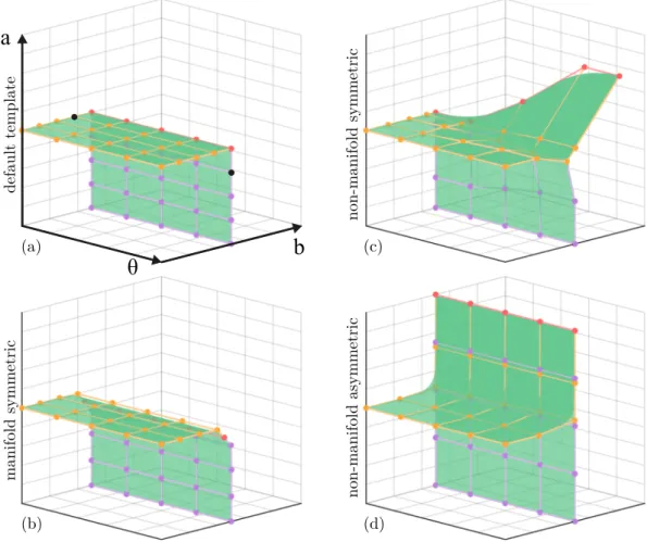 Figure 2.8: Our template is a surface P is made of two bi-quadratic patches, depicted with orange and violet control points – red ones are shared, creating a seam at the junction