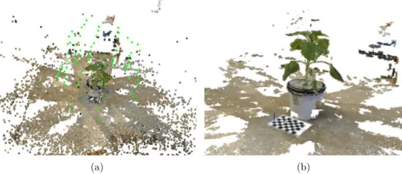 Figure 2.10 – Exemple d’un nuage de points 3D obtenu avant densification avec la position des prises des vues (en vert) (a) et après densification (b).
