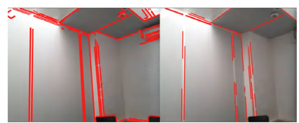 Figure 1.9 – Extraction de segment 2D sur une image d’intérieur à partir de la méthode de Hough (droite) et de LSD (gauche).